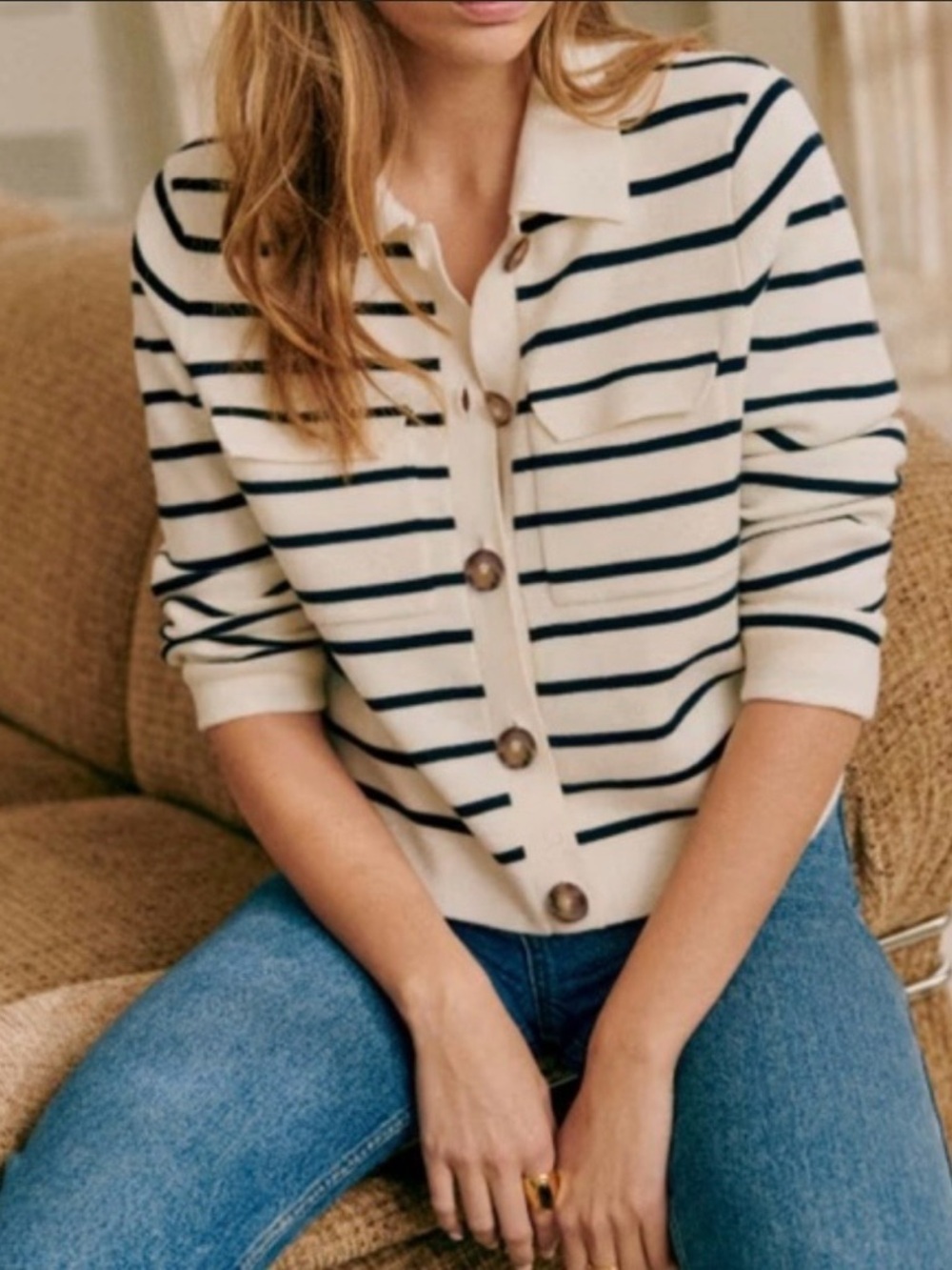La Maille Sézane écru and black Striped Button-Up Knit Sweater Betty Cardigan